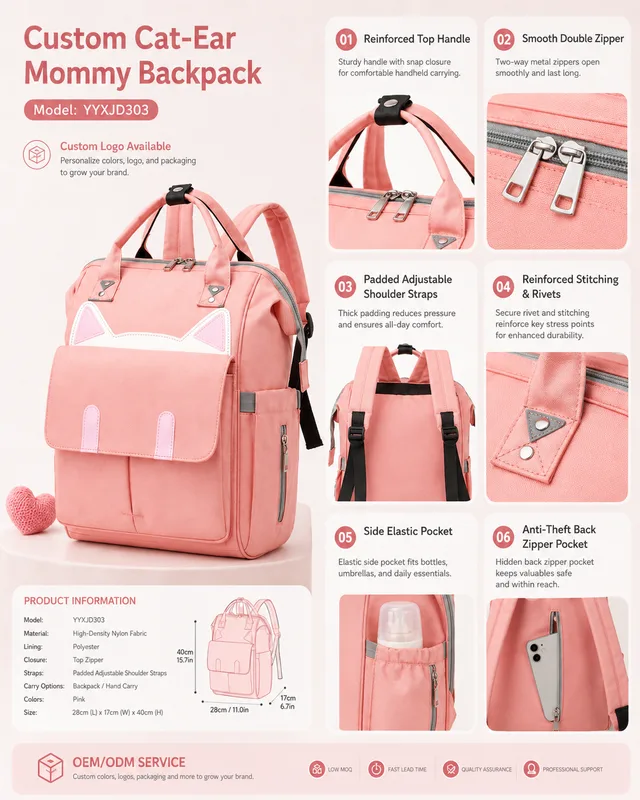 YYXJD303 cat-ear mommy backpack with padded straps and anti-theft back pocket