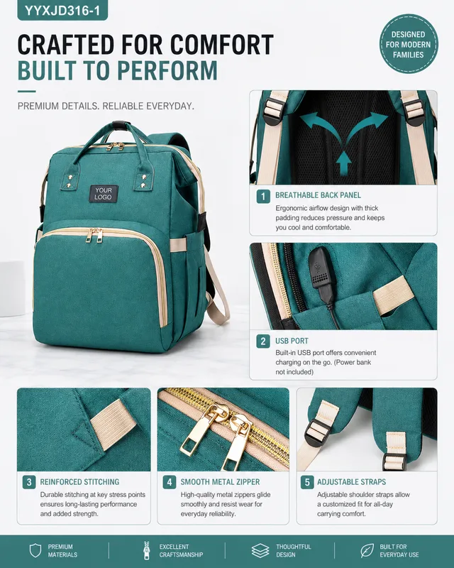 YYXJD316-1 foldable crib diaper backpack with USB port and breathable back panel