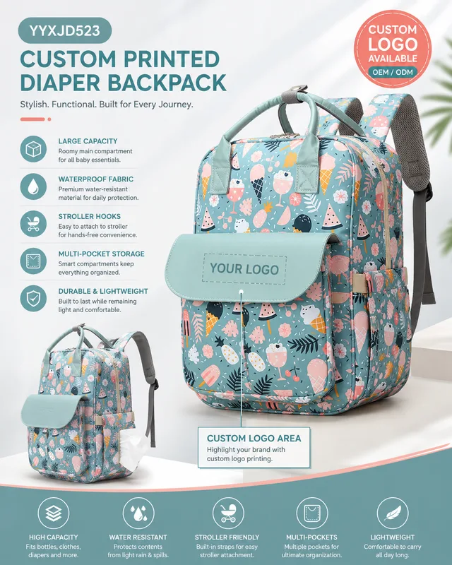 YYXJD523 custom printed diaper backpack with all-over fruit pattern print