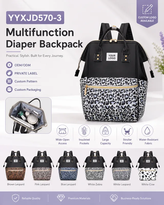 YYXJD570-3 animal print diaper backpack with leopard print and wide-open access