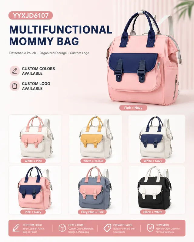 YYXJD6107 mommy bag with detachable crossbody pouch in pink and navy