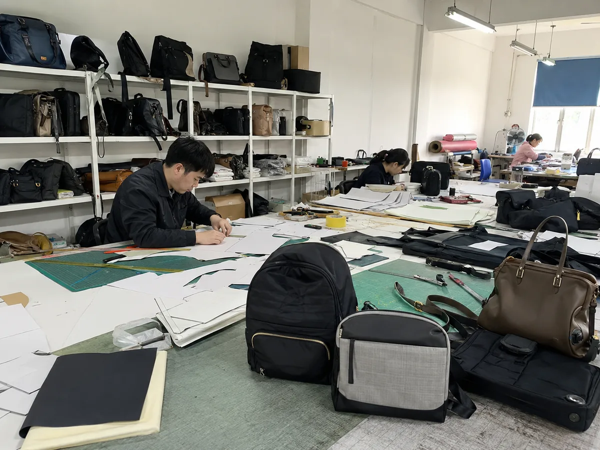 Sample room with bag prototypes