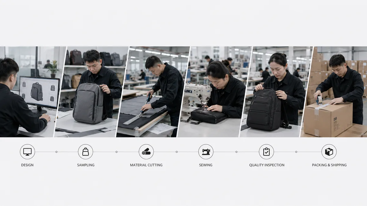 Overview of our bag production workflow from cutting to packing