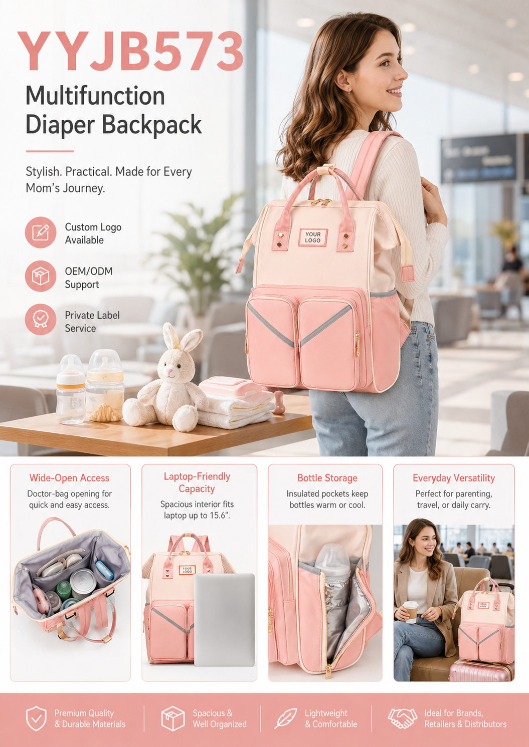 YYJB573 diaper backpack carried for everyday parenting with insulated bottle pockets