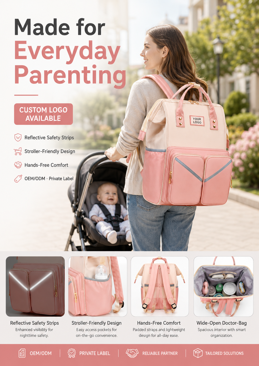 YYJB573 diaper backpack with stroller-friendly design and reflective safety strips