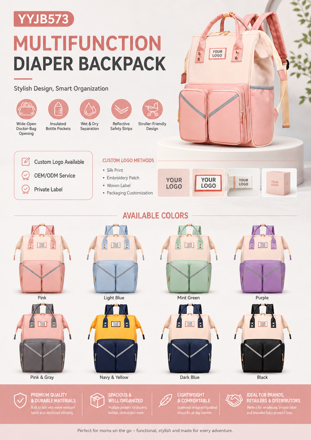 YYJB573 multifunction diaper backpack in pink with wide-open doctor-bag opening
