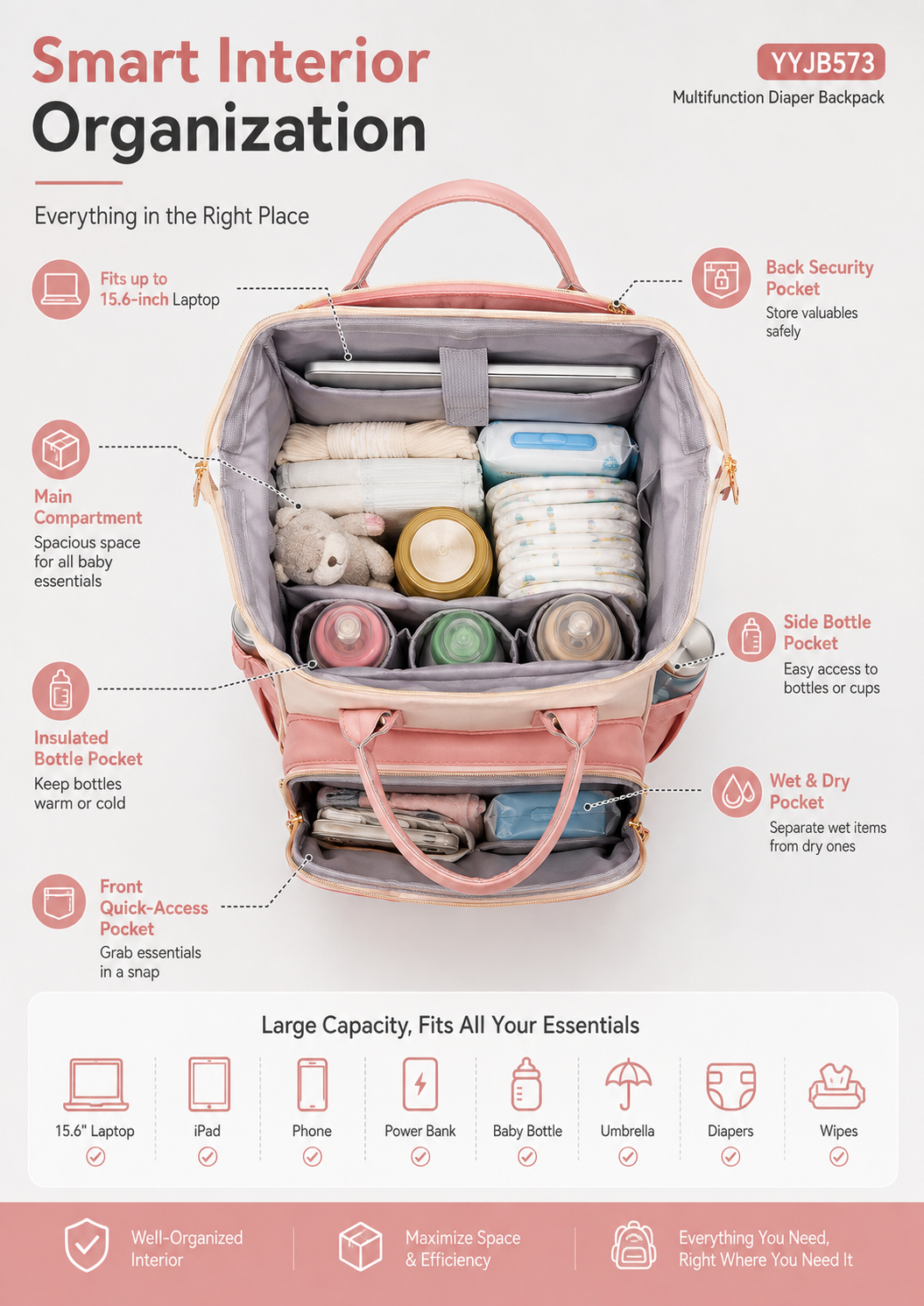 YYJB573 diaper backpack open showing smart interior organization with insulated bottle pockets