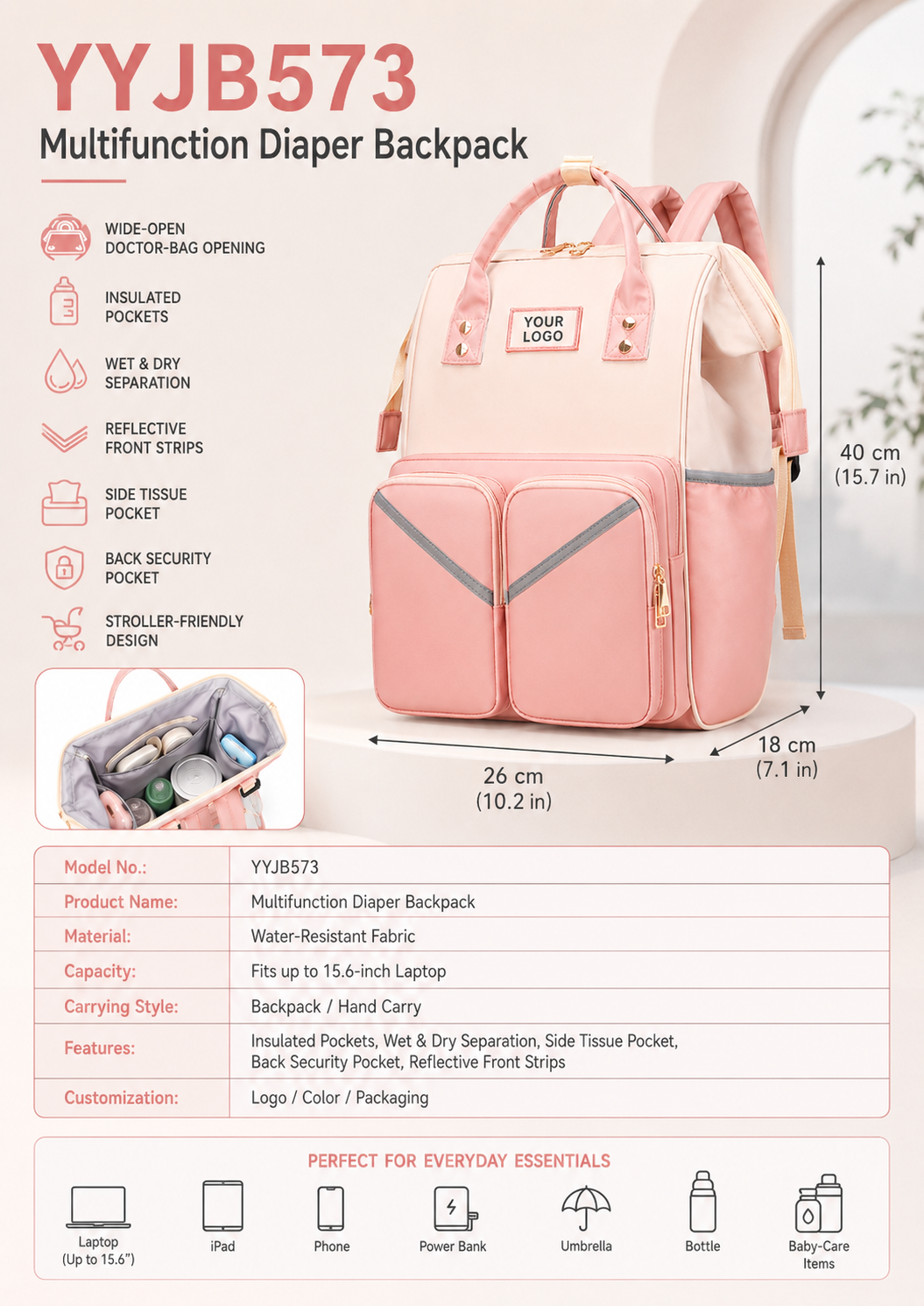 YYJB573 multifunction diaper backpack size 40 by 26 by 18 cm with 15.6-inch laptop sleeve