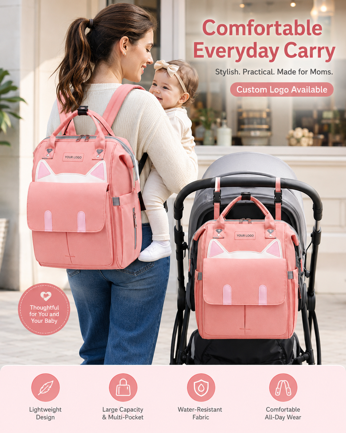 YYXJD303 cat-ear mommy backpack with water-resistant fabric carried for everyday use
