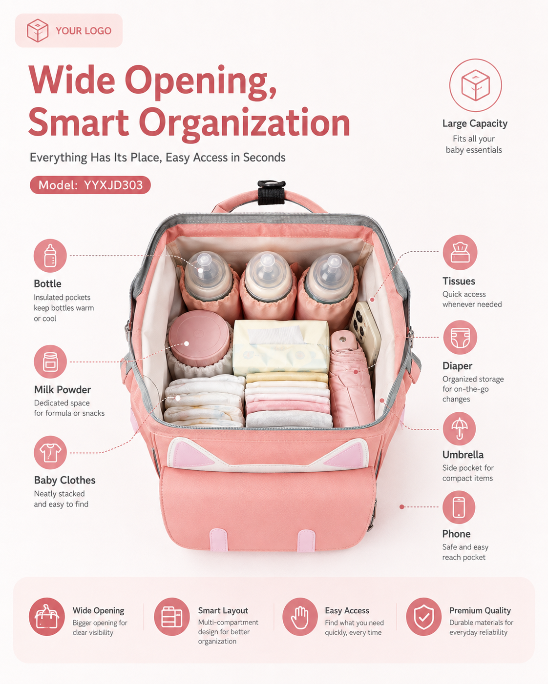 YYXJD303 cat-ear mommy backpack open showing wide opening and smart organization