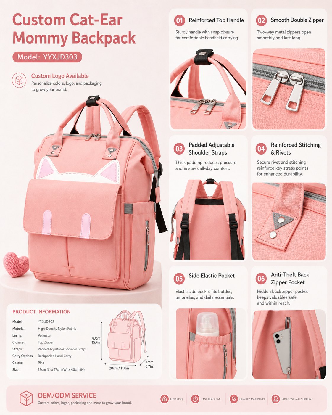 YYXJD303 cat-ear mommy backpack with padded straps and anti-theft back pocket