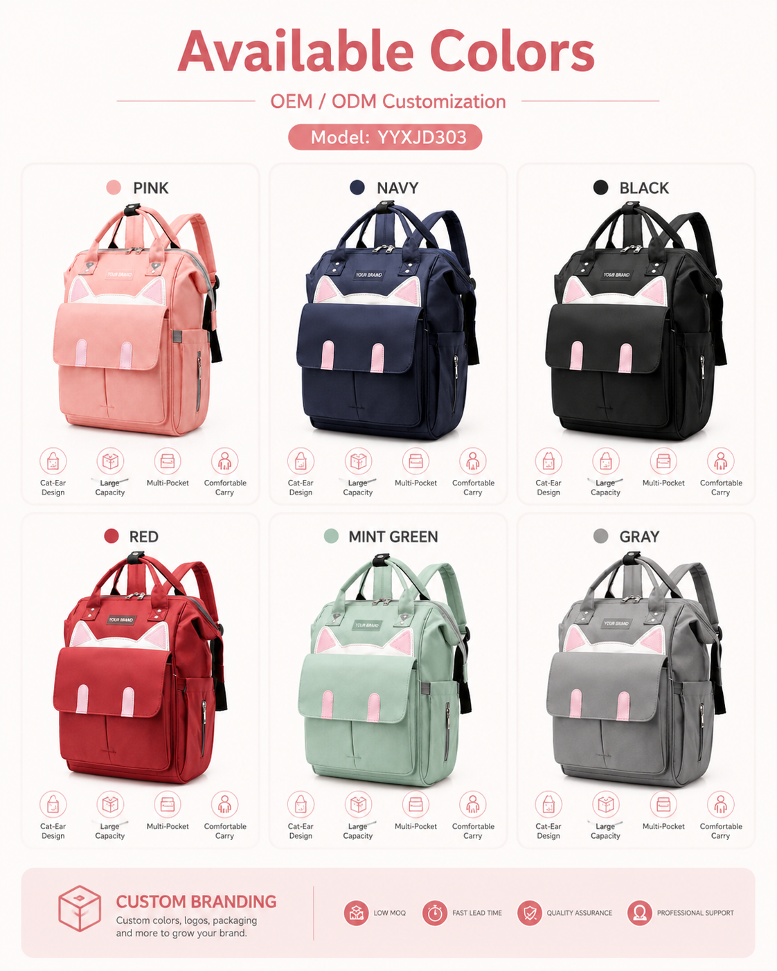 YYXJD303 cat-ear mommy backpack available in six colors