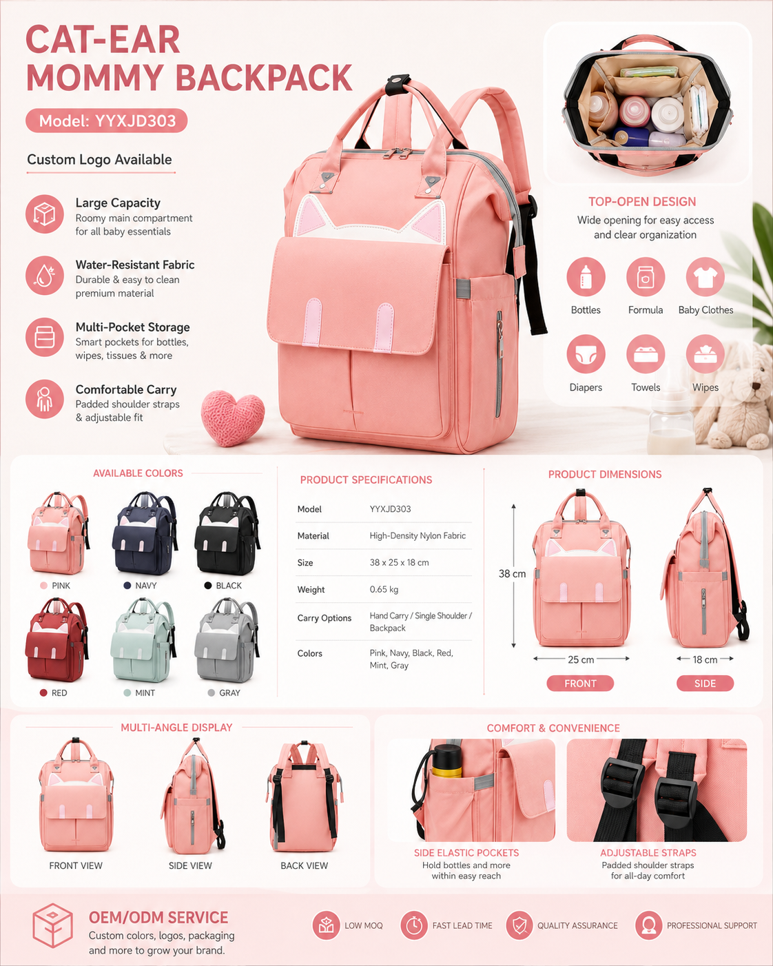 YYXJD303 cat-ear mommy backpack with insulated bottle pockets and adjustable straps