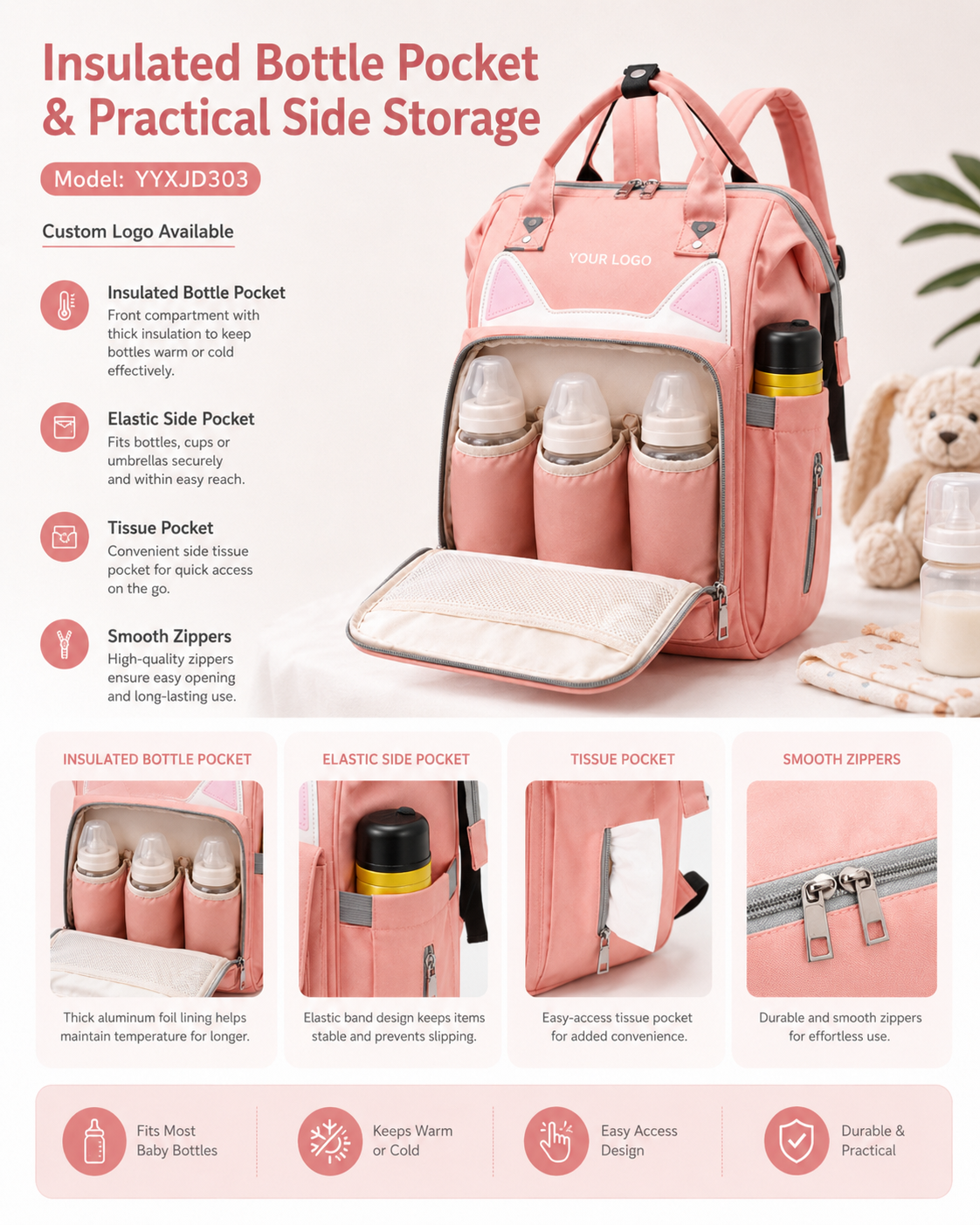 YYXJD303 cat-ear mommy backpack with insulated bottle pocket and elastic side pocket