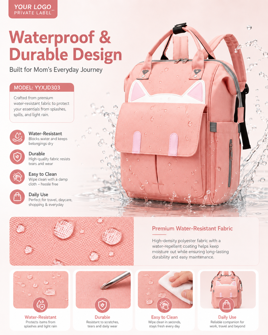 YYXJD303 cat-ear mommy backpack with water-resistant nylon fabric