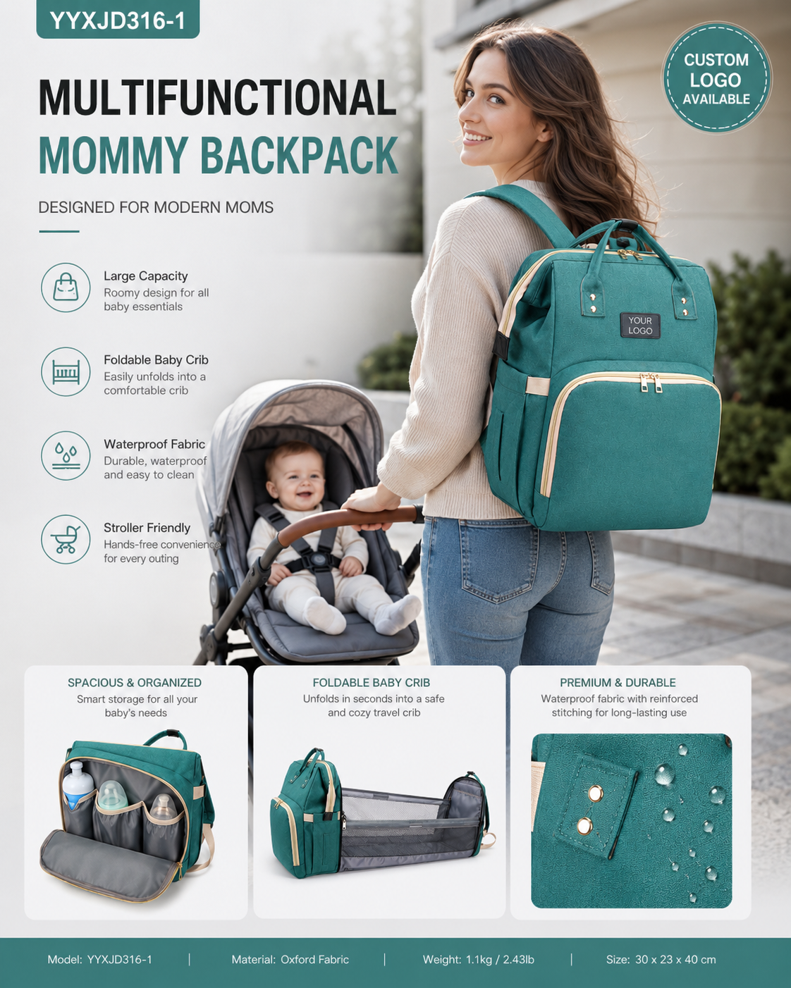 YYXJD316-1 foldable crib diaper backpack used as a portable baby crib on outings