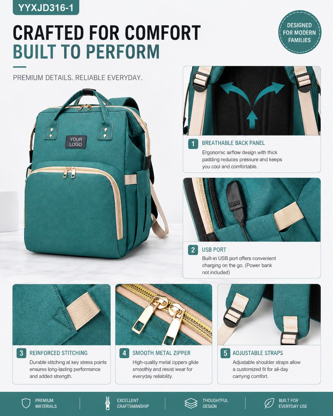 YYXJD316-1 foldable crib diaper backpack with USB port and breathable back panel