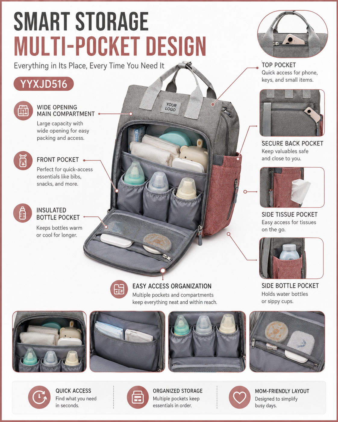 YYXJD516 travel mommy backpack open showing multi-pocket organization