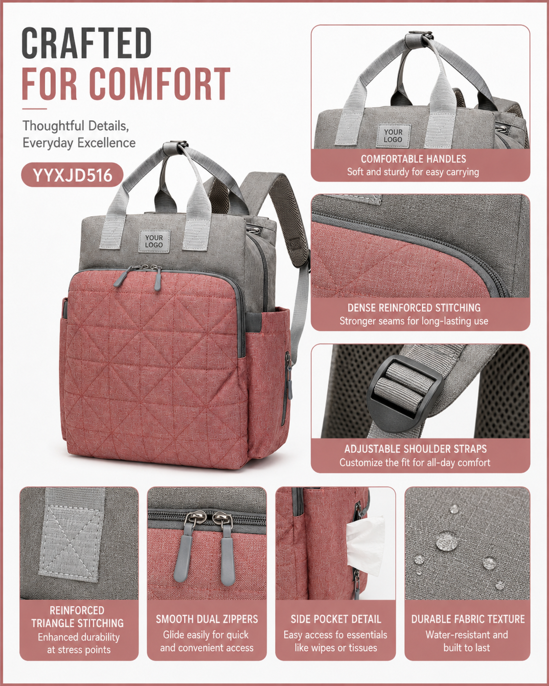 YYXJD516 travel diaper backpack with reinforced stitching and adjustable shoulder straps