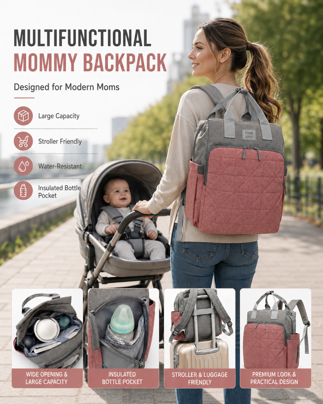 YYXJD516 travel diaper backpack with stroller-friendly and luggage-friendly design