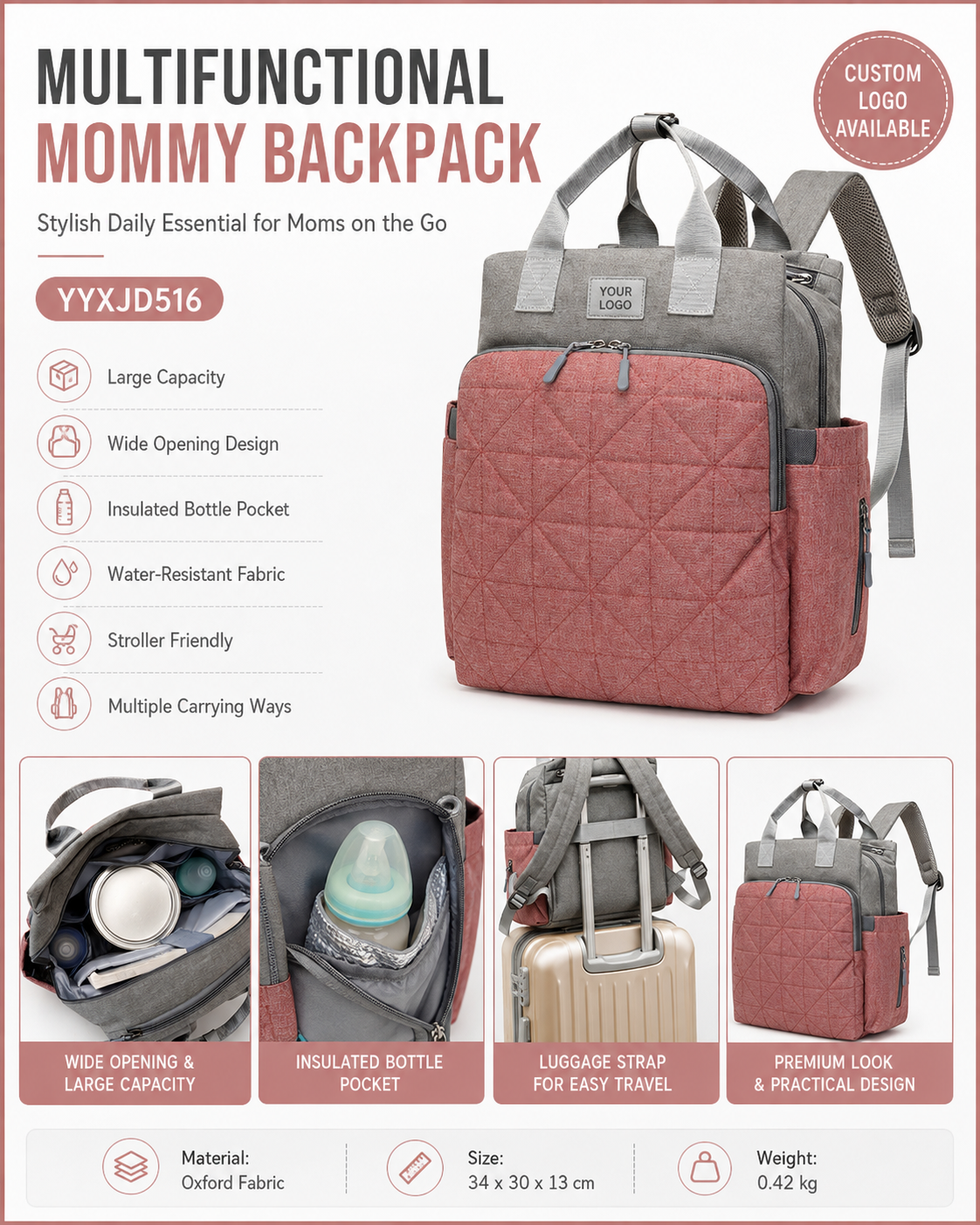 YYXJD516 travel mommy backpack with wide opening and large capacity