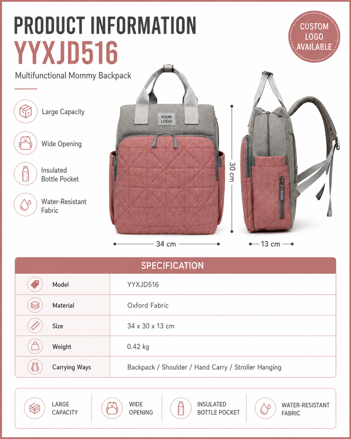 YYXJD516 travel diaper backpack size 34 by 30 by 13 cm in rose and grey