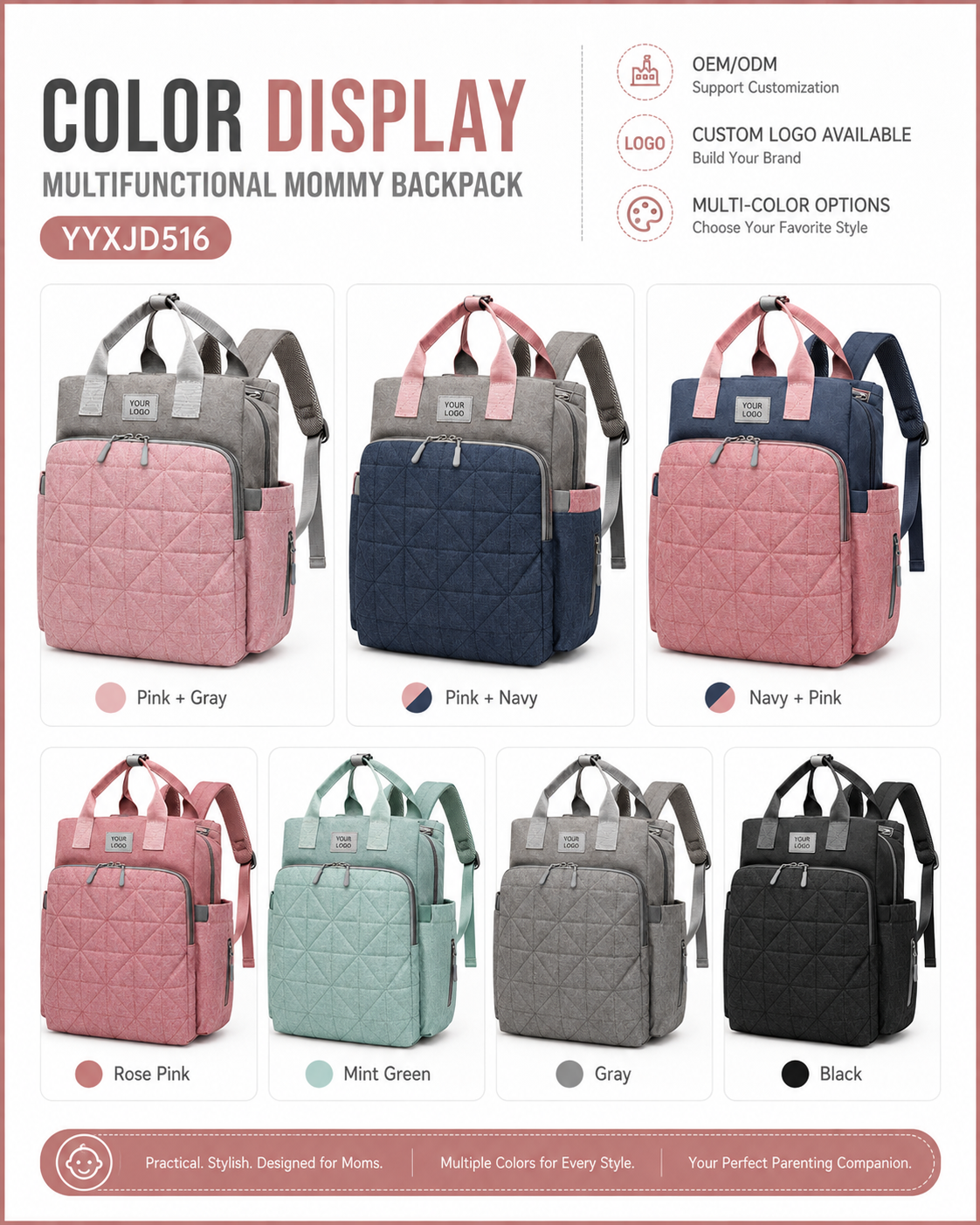 YYXJD516 travel mommy backpack available in seven colors