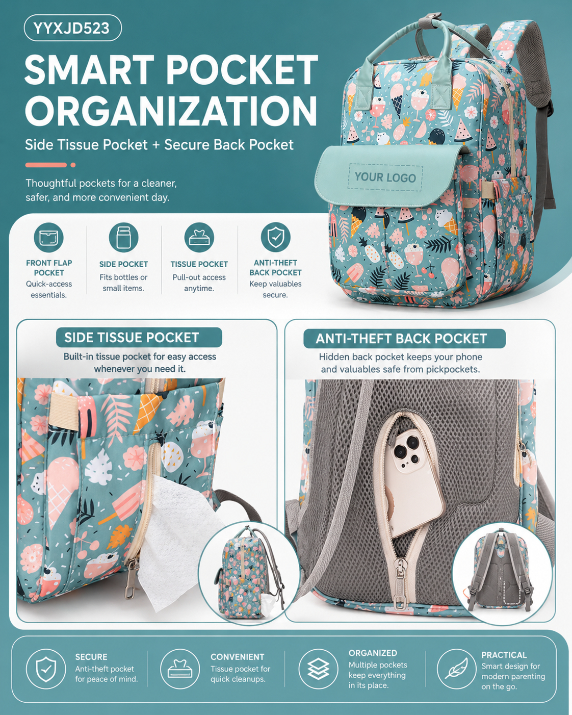 YYXJD523 custom printed diaper backpack with side tissue pocket and anti-theft back pocket