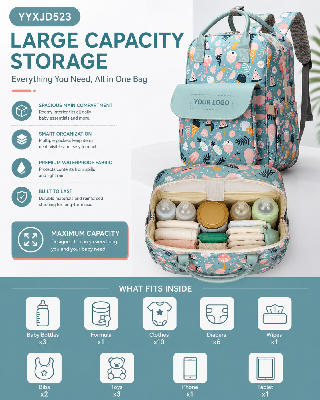 YYXJD523 custom printed diaper backpack with large capacity storage