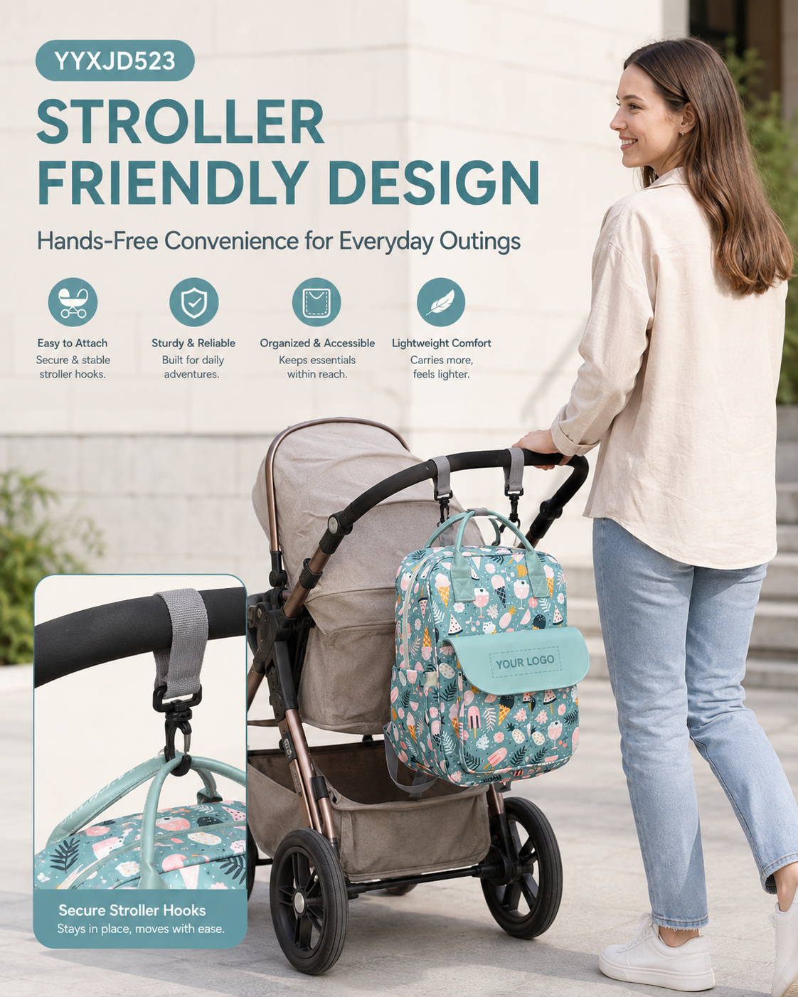 YYXJD523 custom printed diaper backpack with stroller hooks