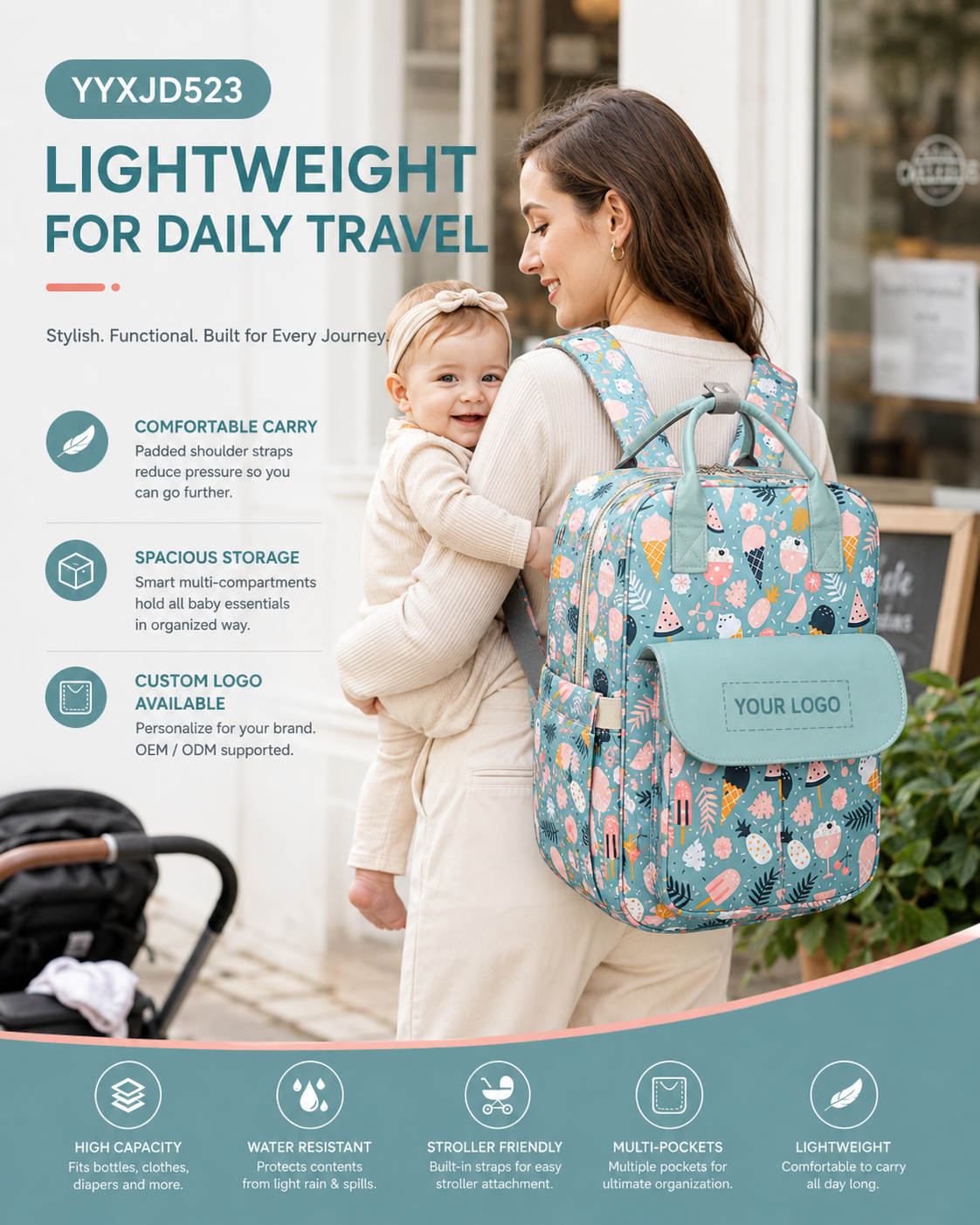 YYXJD523 custom printed diaper backpack with padded straps for daily travel
