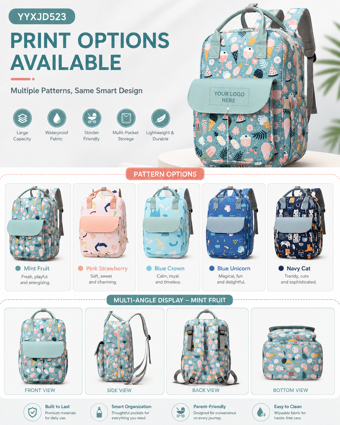YYXJD523 custom printed diaper backpack with stock pattern options