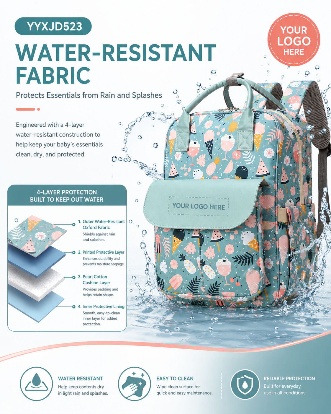 YYXJD523 custom printed diaper backpack with water-resistant 4-layer fabric