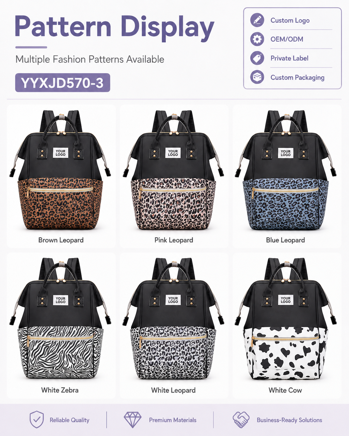 YYXJD570-3 animal print diaper backpack available in six animal patterns