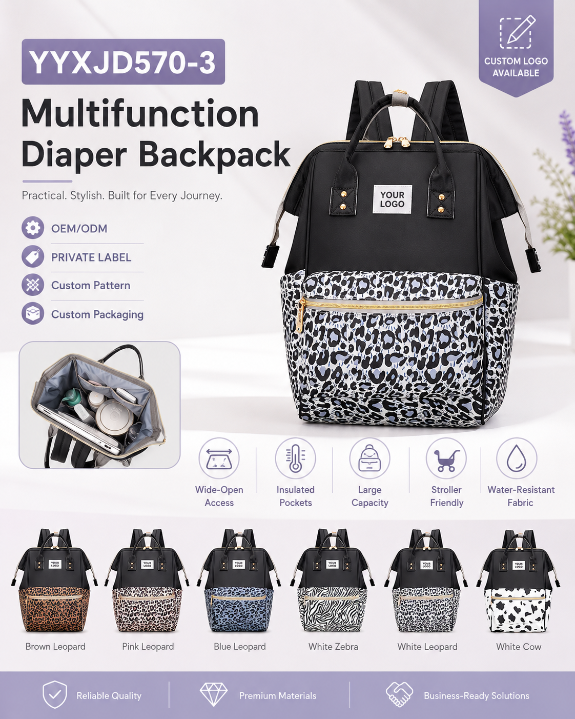 YYXJD570-3 animal print diaper backpack with leopard print and wide-open access