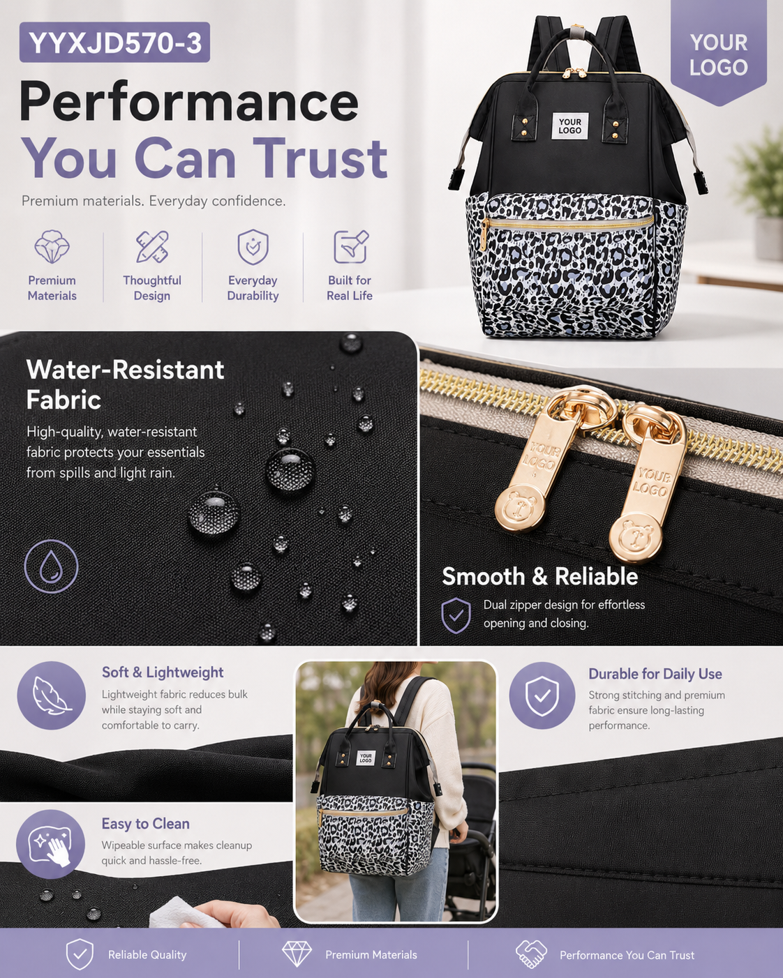 YYXJD570-3 animal print diaper backpack with water-resistant fabric