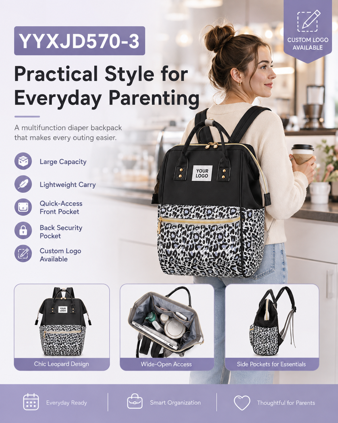 YYXJD570-3 animal print diaper backpack with quick-access front pocket