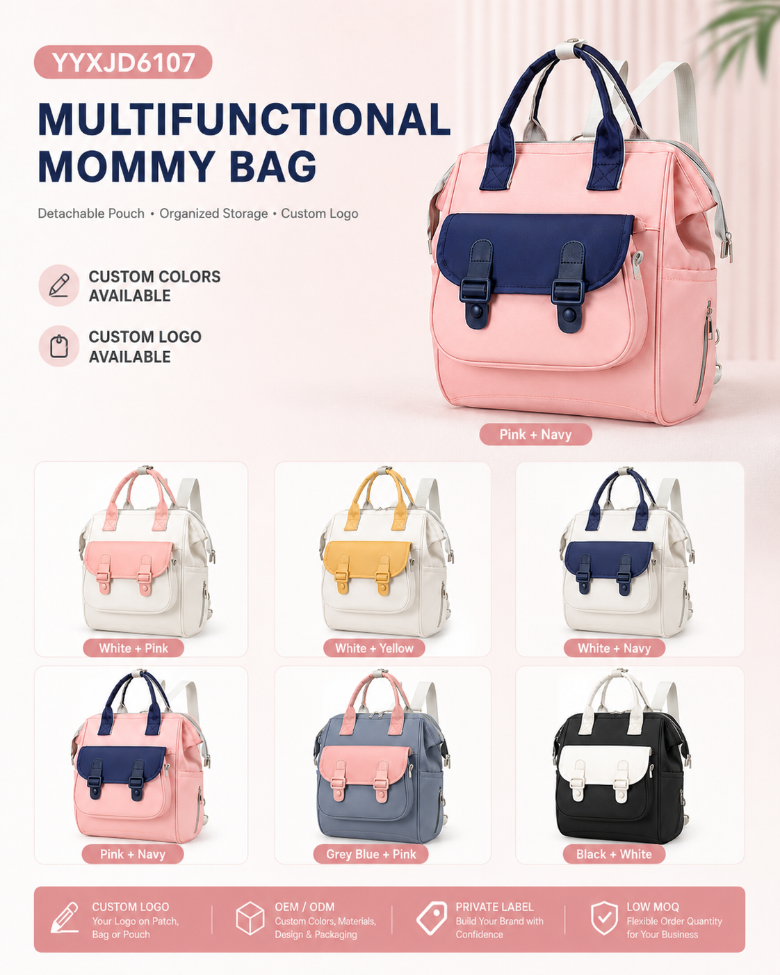 YYXJD6107 mommy bag with detachable crossbody pouch in pink and navy