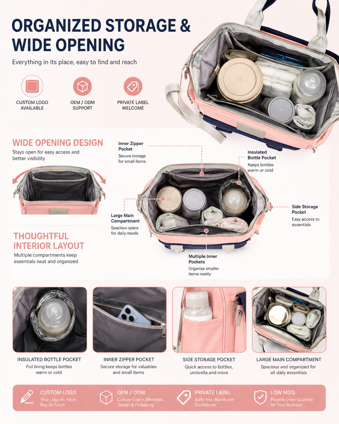 YYXJD6107 mommy bag open showing wide opening and organized storage