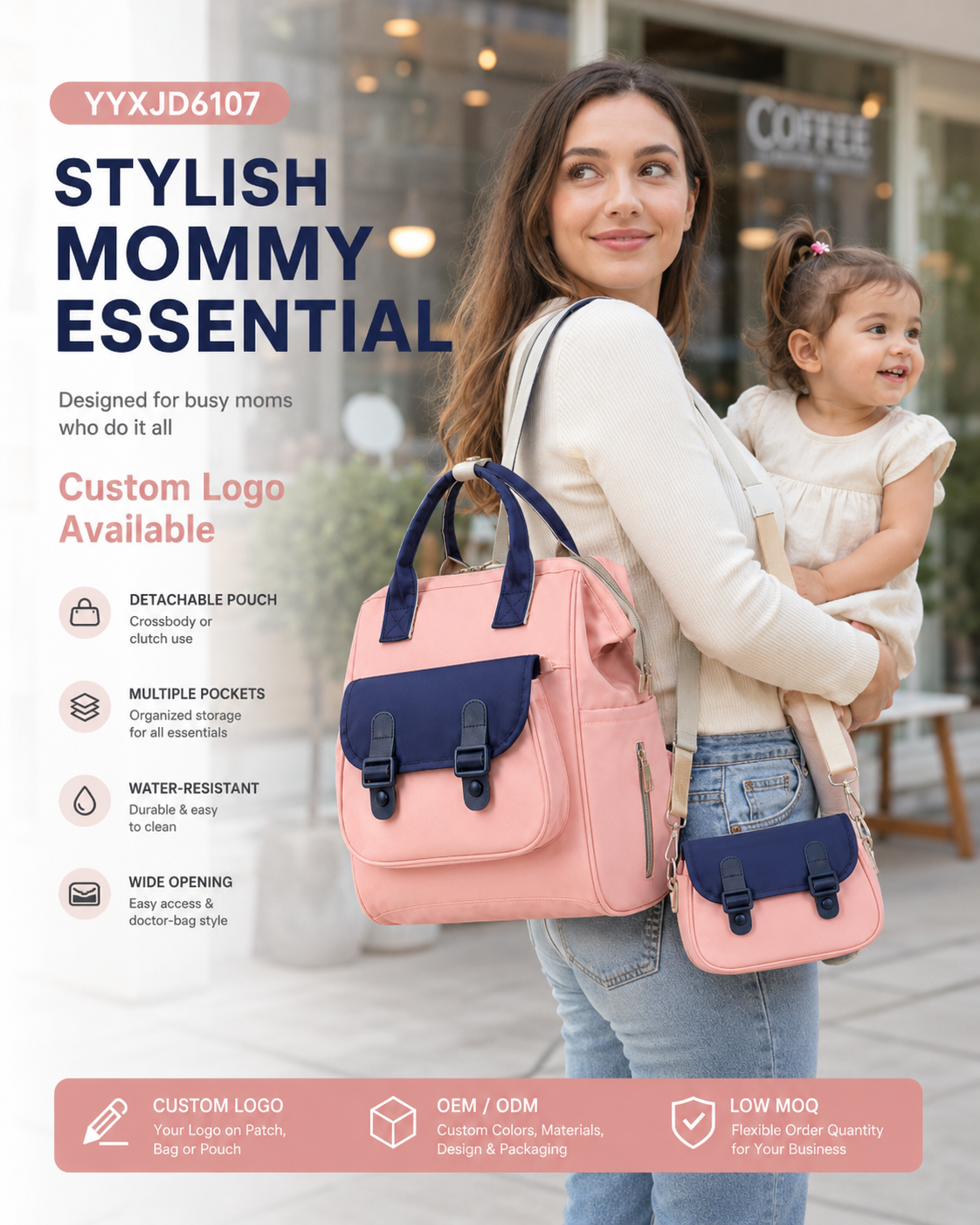 YYXJD6107 mommy bag with detachable crossbody pouch for daily outings