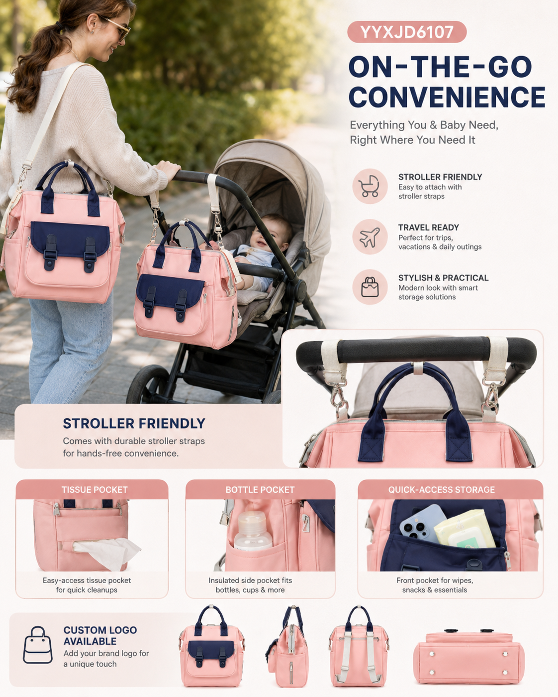 YYXJD6107 mommy bag with stroller straps and tissue pocket