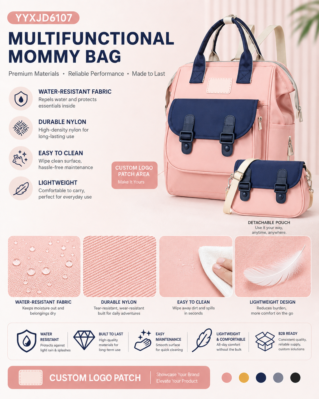 YYXJD6107 mommy bag with water-resistant nylon and custom logo patch area